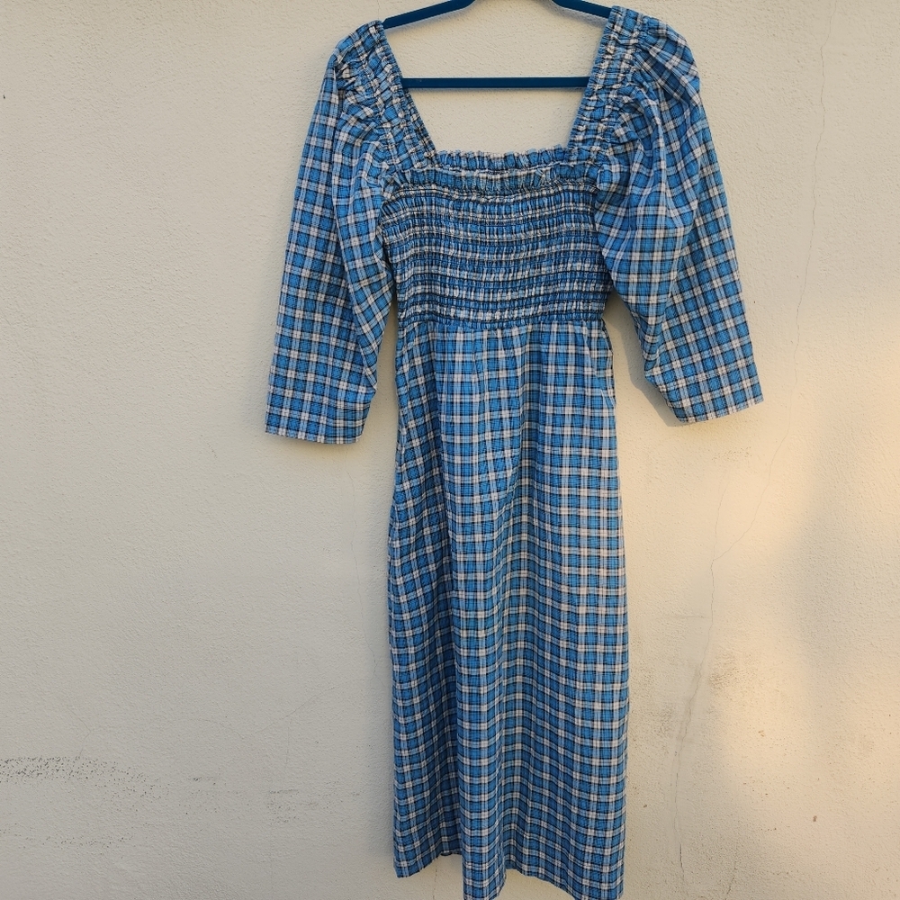 GANNI Seersucker Check Smock Midi Dress - Azure Blue - Picture 6 of 10
